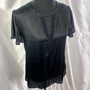 Stone Row Black Satin Cutout V-Neck Short Sleeve Blouse – Sleek & Chic (Size S)